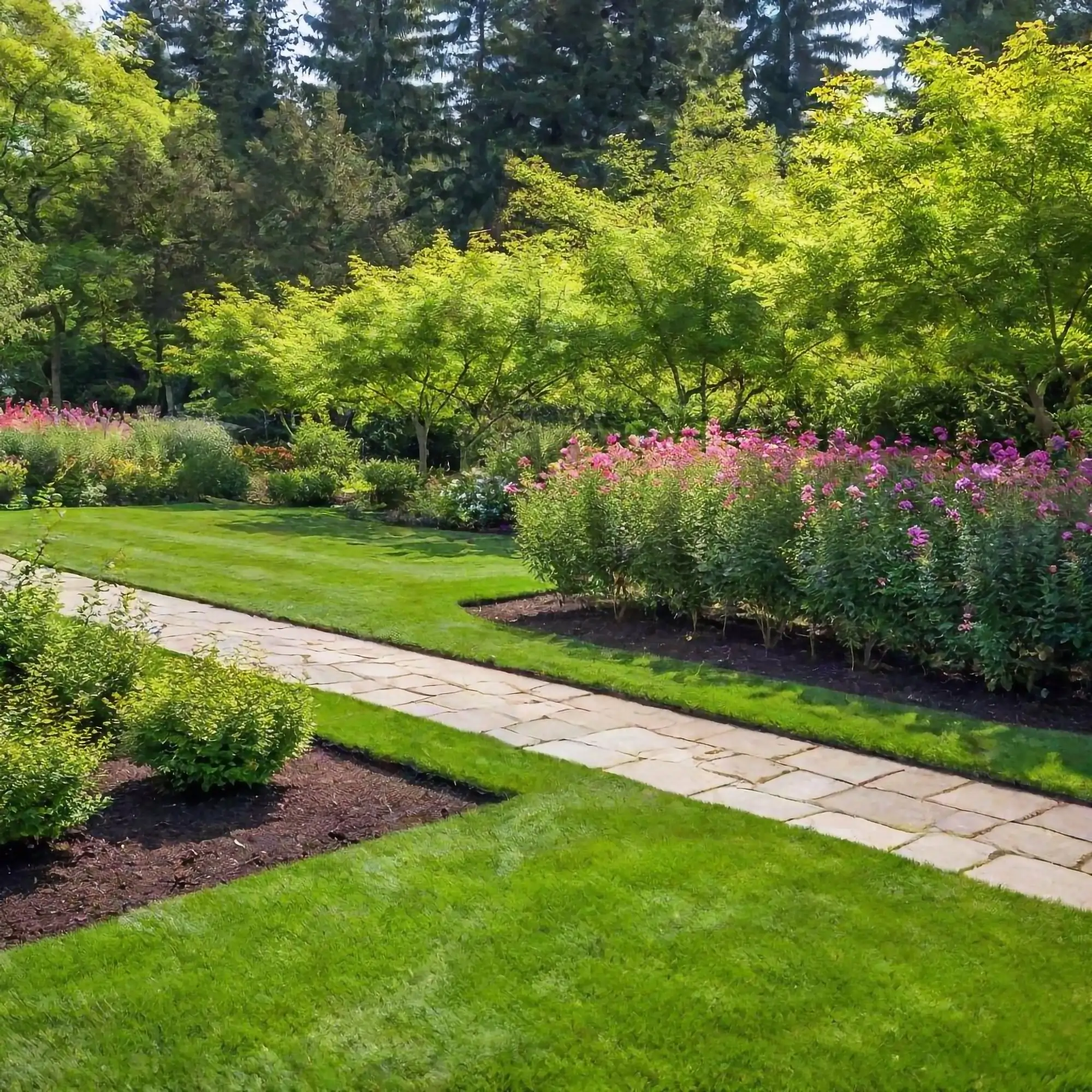 Waterfront lawn and garden restoration in Steuben County NY — lush garden path winding through vibrant flower beds beside a waterfront property
